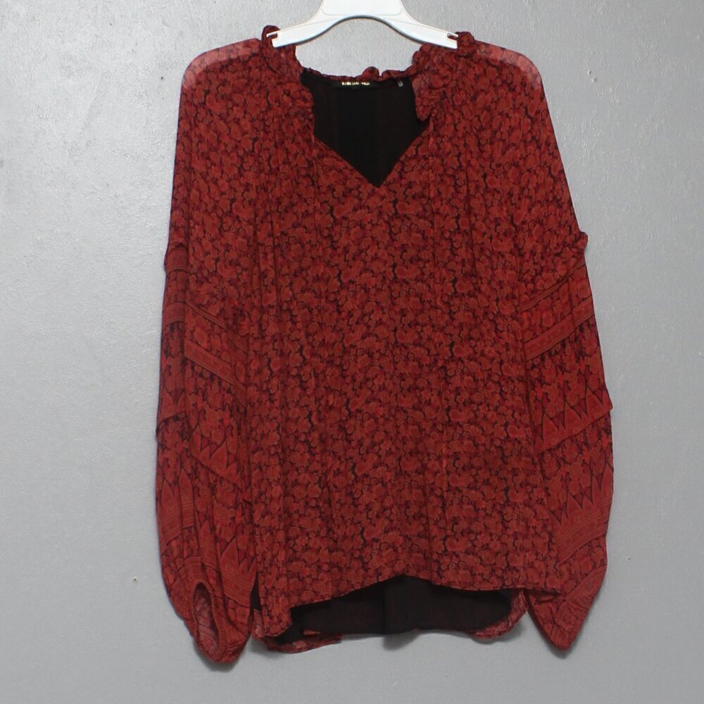 Kobi Halperin red floral balloon sleeve peasant  tie neck blouse